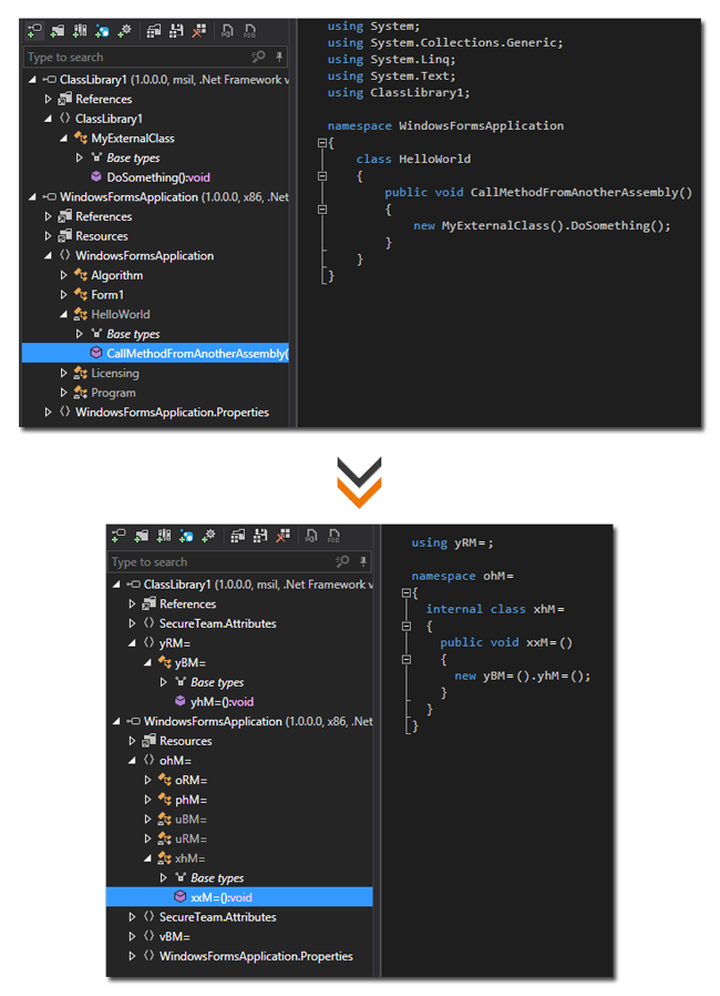 before and after applying cross assembly symbol renaming