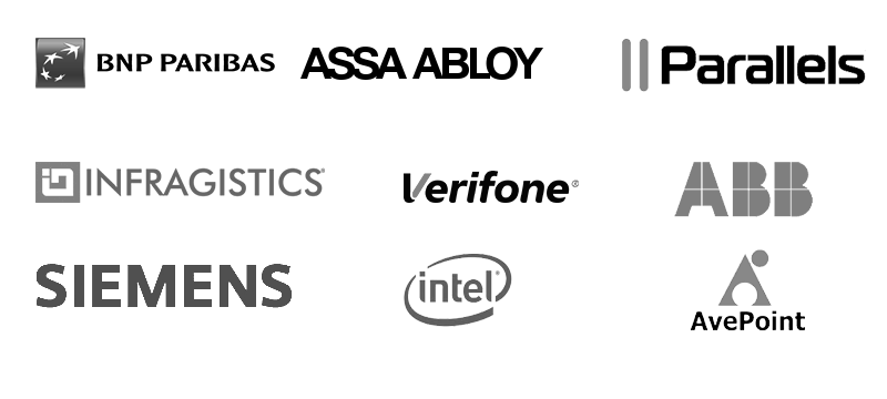 our trusted customers: bnp paribas, assa abloy, parallels, infragistics, verifone, abb, siemens, intel, avepoint