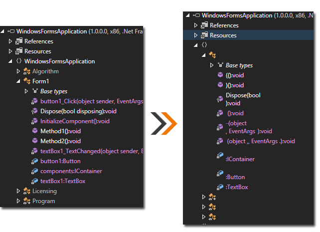 before and after applying symbol renaming